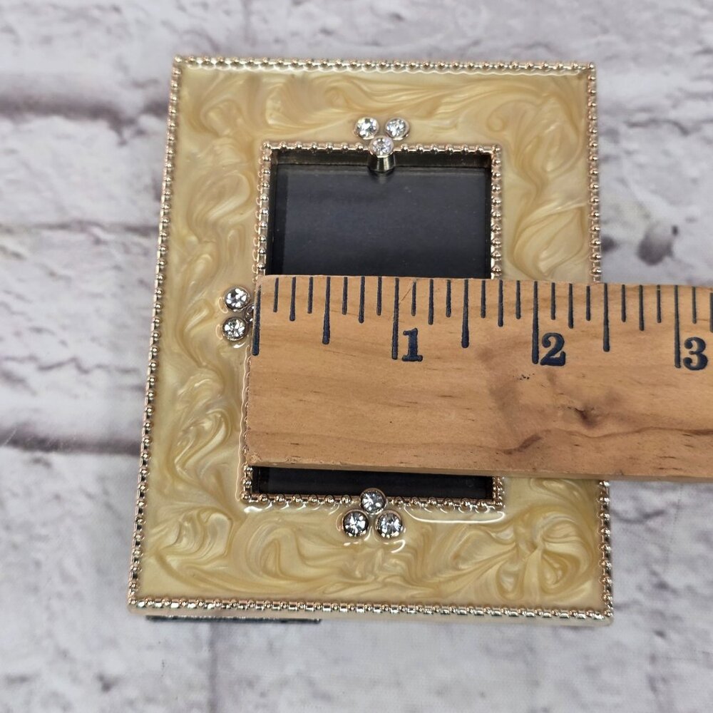 Vtg Golden Marbelized Art Deco Rhinestone Beading Edge Trim Photo Frame 1.5X 2.5 - Picture 8 of 9